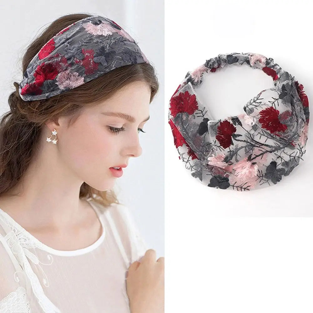 Fashion Multicolor Embroidered Headscarf Hair Cover Wide Edge Flower Pattern Headband Hair Accessories Thin Lace Headwear Female