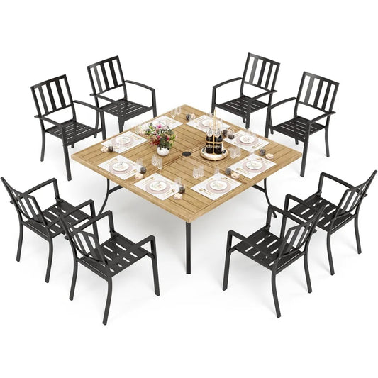 9 Pieces Outdoor Dining Set, Wood-Like Large Square Metal Steel Dinings Table& Stackable Iron Chairs,Patio Dining Furniture Sets