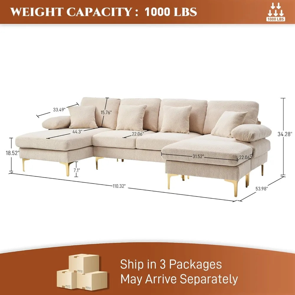 U-Shaped Sectional Sofa, 4 Seater Sofa Set , with Chaise Lounge, Ottoman and Pillows, Convertible L-Shaped Chenille Couch Sets