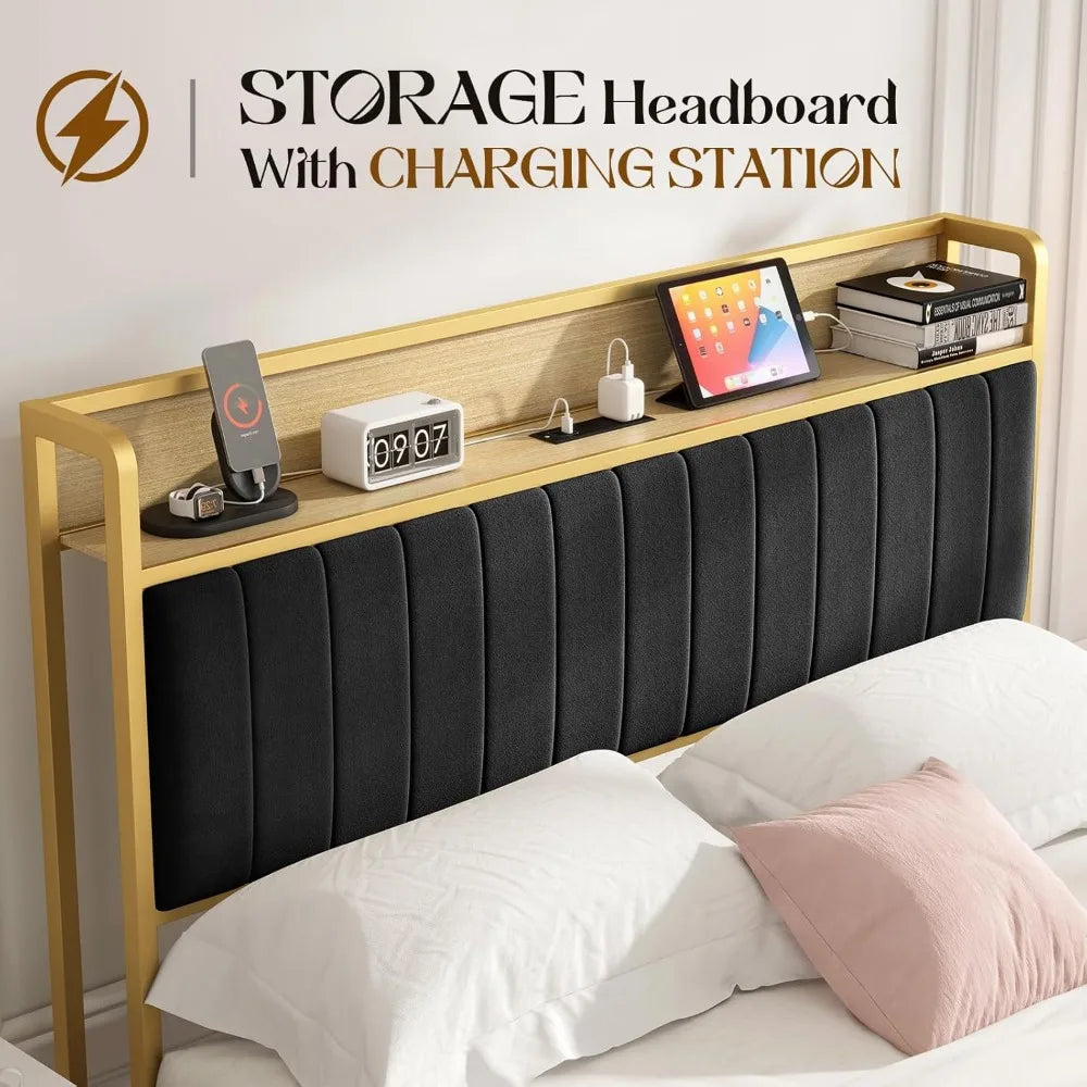 Bed Frame with Motion Activated Light, LED Platform Bed with Integrated Drawer and Storage Headboard Charging Station, Bed Bases