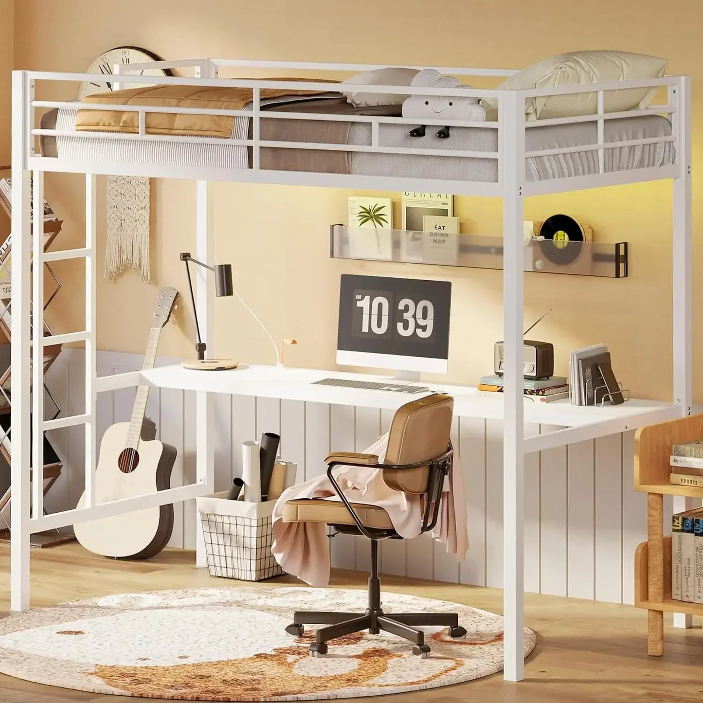 Loft Bed Twin Size with Desk, Metal Loft Bed Frame with Power Outlet and LED Lighted, Space-Saving, Noise Free, Black