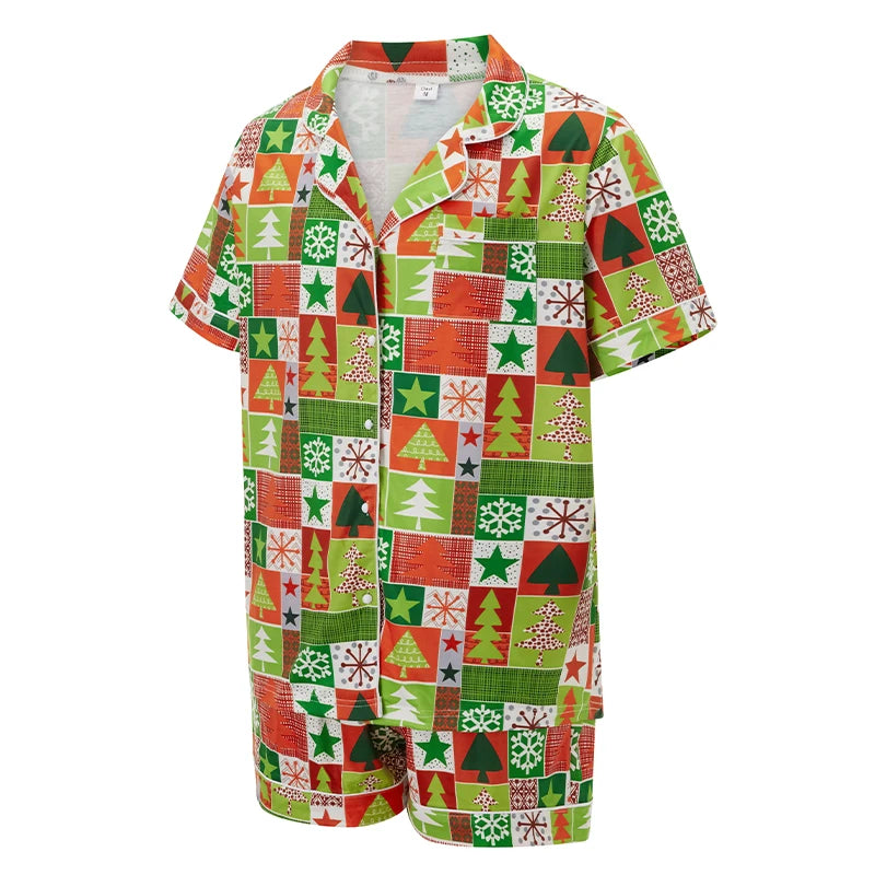 Christmas Family Pajamas Matching Set Christmas Tree Candy Print Tops and Drawstring Shorts Sleepwear