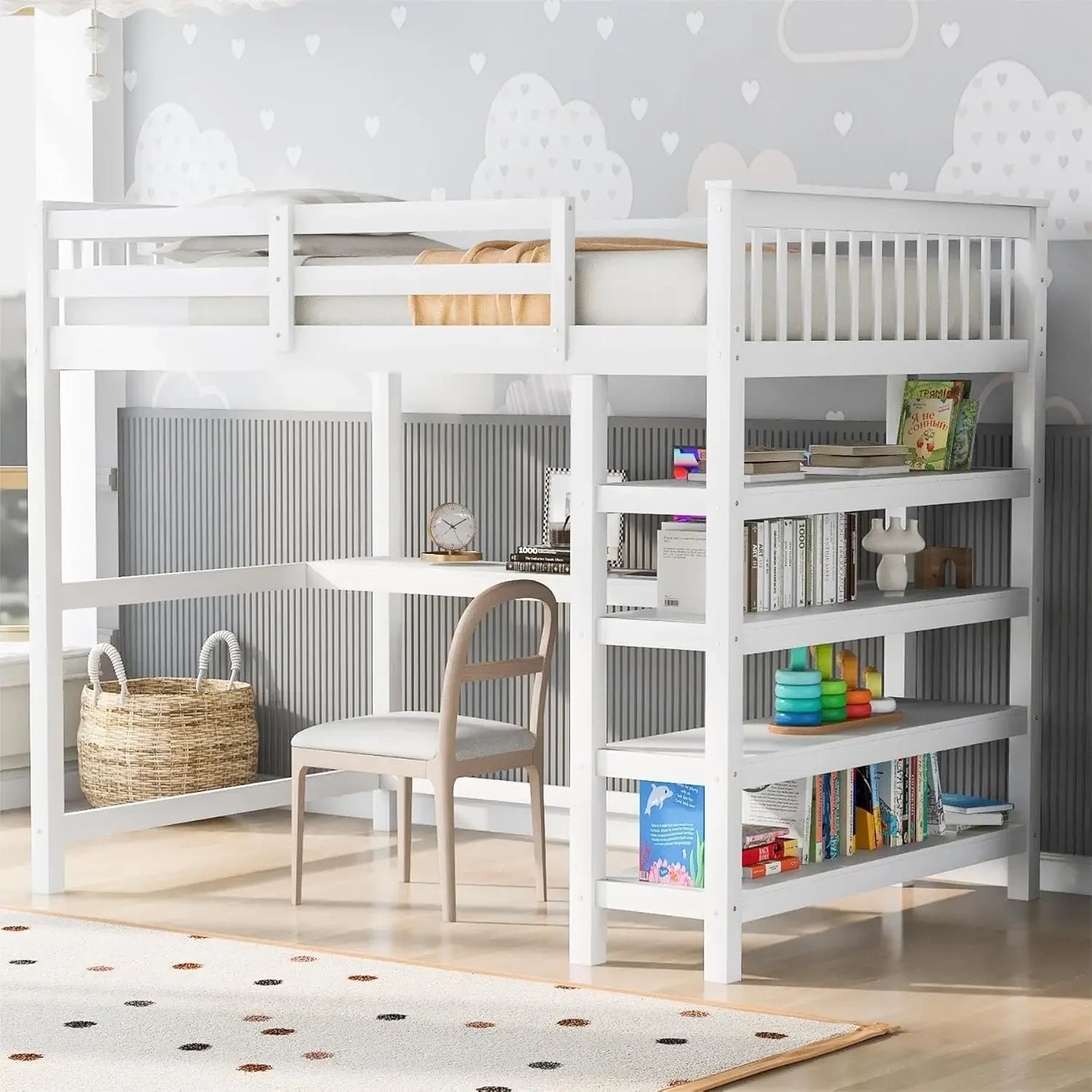 Wood Loft Bed with Desk Twin Size Loft with 4-Storage Shelves and Under Desk Solid Wood Bed, Suitable for bedrooms and children