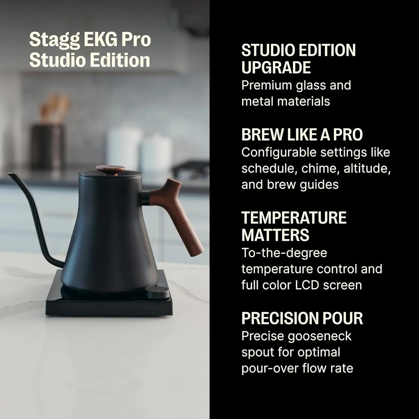 EKG Pro Studio Electric Gooseneck Kettle - Pour-Over Coffee and Tea Pot, Stainless Steel, Quick Heating, Matte Black with Walnut