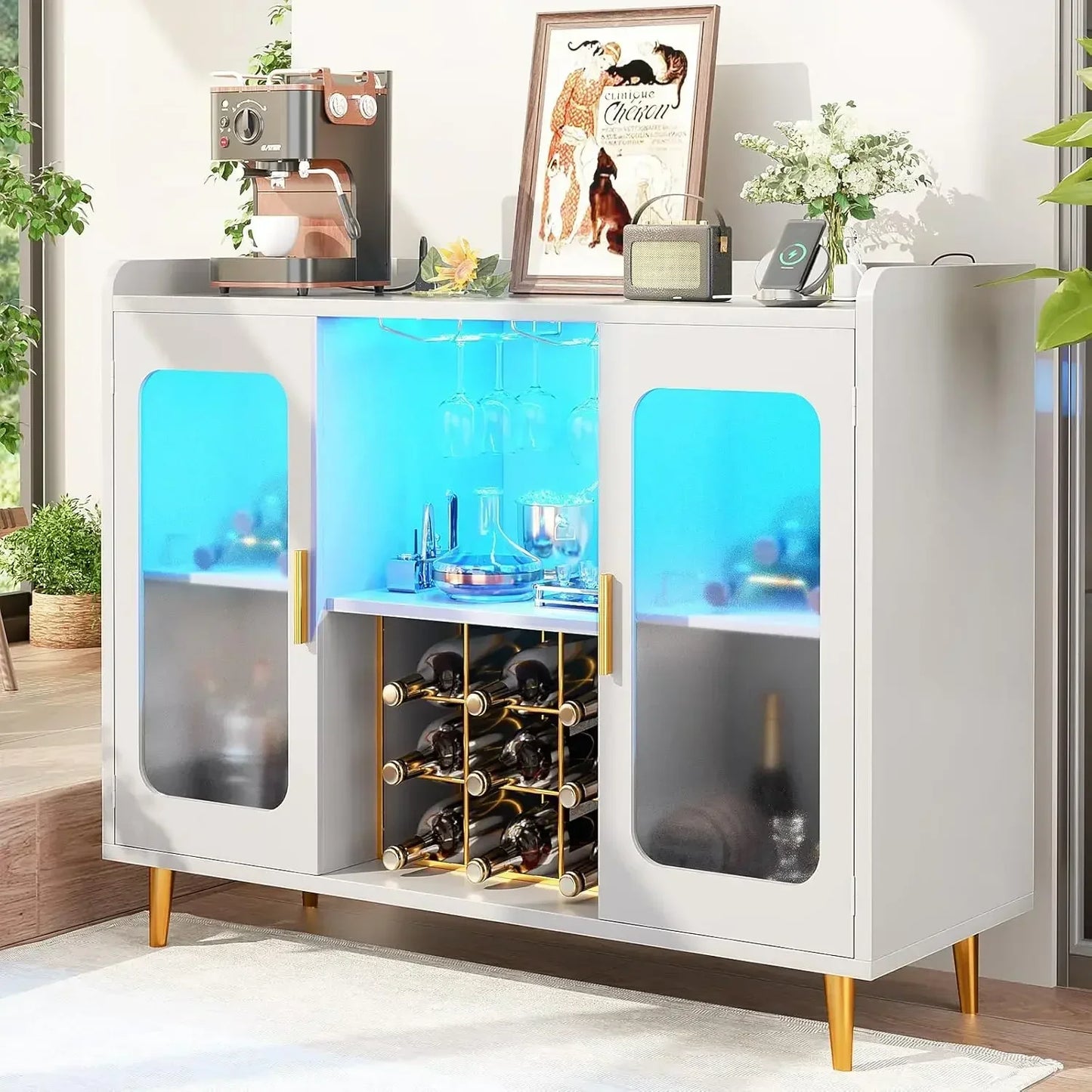 Wine Bar Cabinet with Power Outlet, Liquor Cabinet Bar with LED Light and Glass Holder, Home Coffee Bar Cabinet