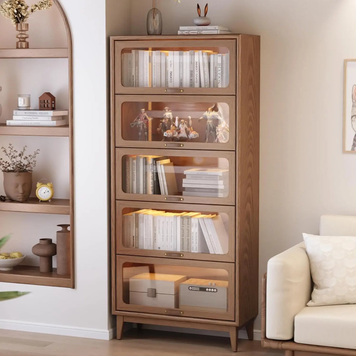 Wood Bookcase, 5 Tier Bookshelves with Tempered Cabinet Glass Doors 72 Inch, Bookshelf Versatile Storage Pantry