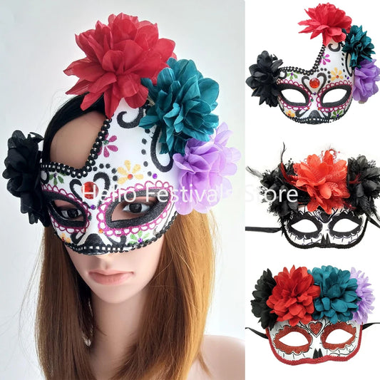 Day of The Dead Masks Masquerade Ball Halloween Cosplay Women Performance Party Accessories with Flower Ghost Mask for Men Kids