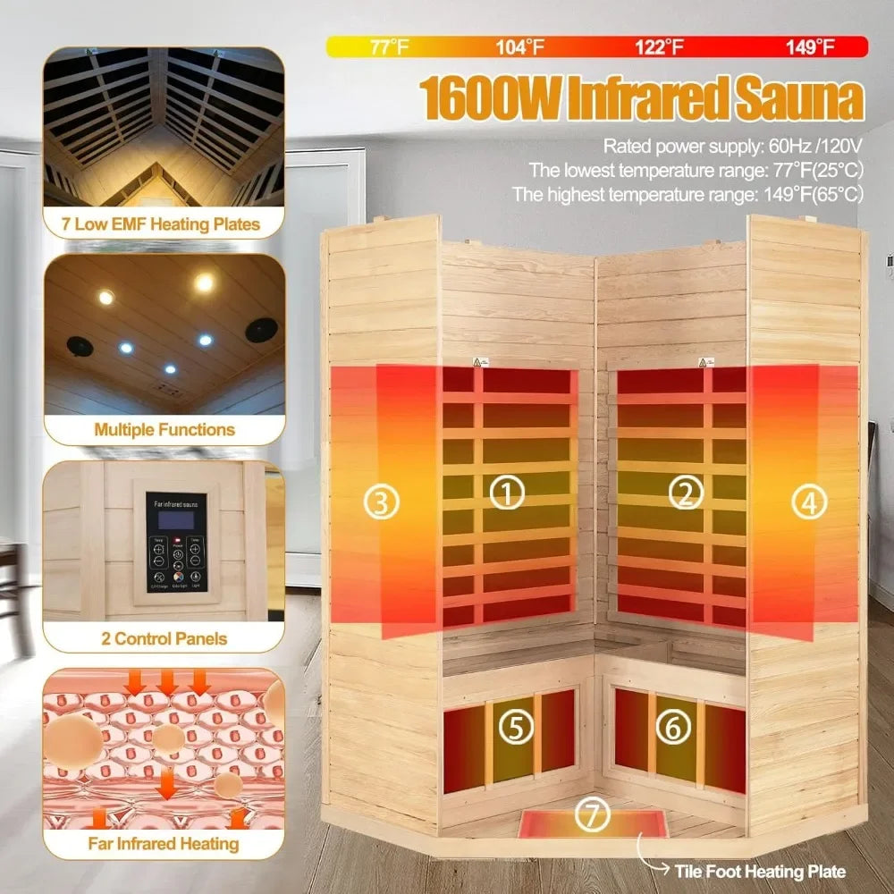 Sauna Room,Canadian Hemlock Indoor Corner Sauna Spa,7 Low EMF Heaters,2 LED Reading Lamp and 3 Chromotherapy Lights, 1600W