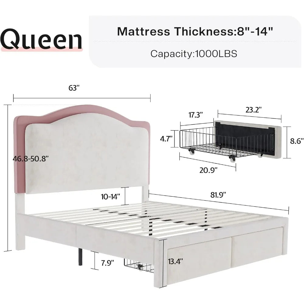 LED Queen Bed Frame with 2 Storage Drawers with Adjustable Headboard, No Box Spring Needed, Upholstered Platform Bed