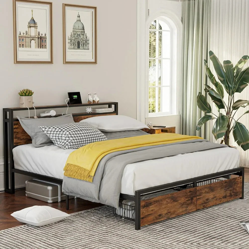 Queen Bed Frame with Storage Headboard, Platform Bed with Drawers and Charging Station, No Box Spring Needed, Easy Assembly