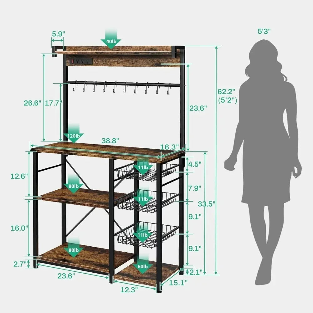 Large Bakers Rack with Power Outlets 38.8 Inches, 15 Hooks Coffee Bar with 3 Wire Basket Microwave Stand Kitchen Storage Shelf