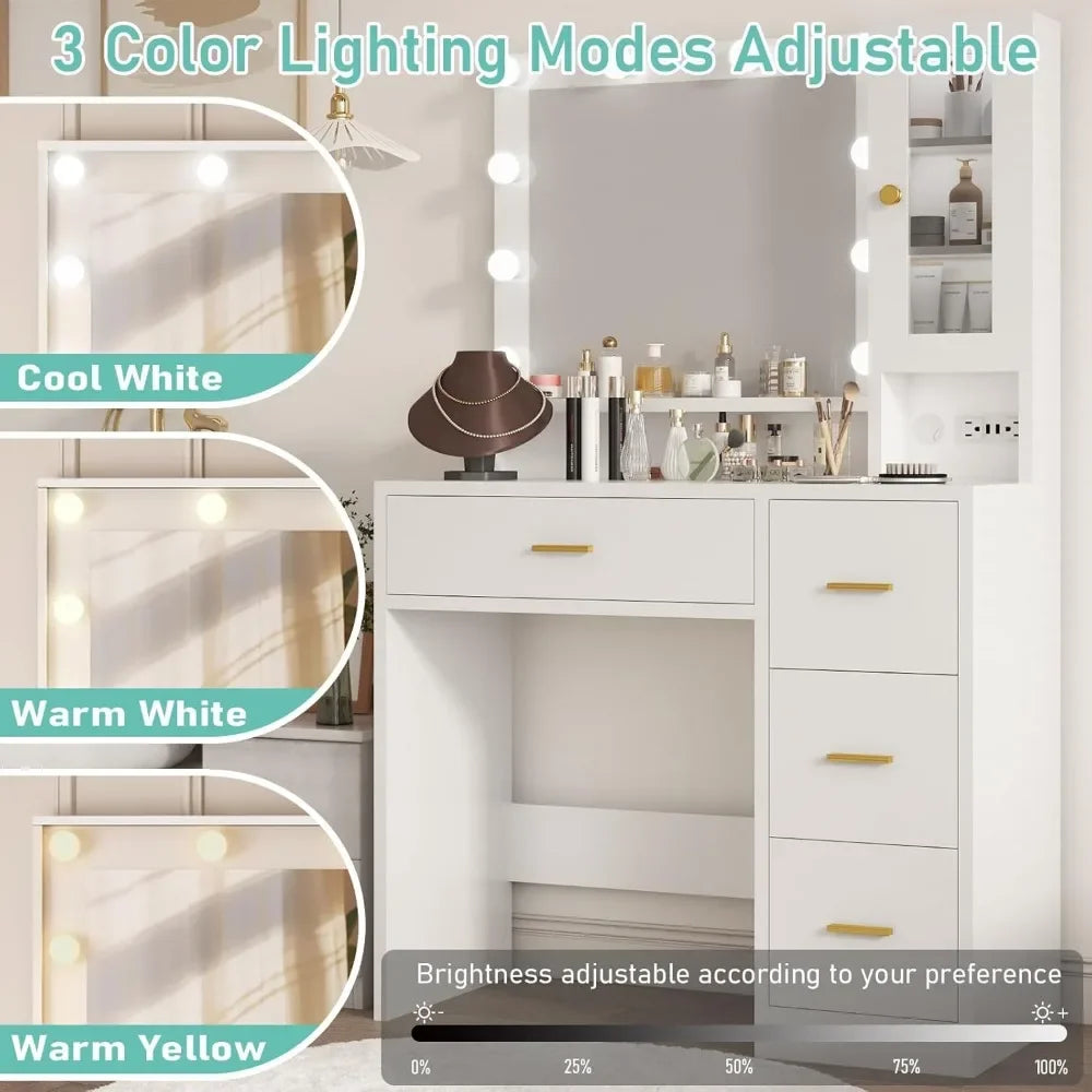 White Vanity with Mirror and Lights, Makeup Vanity Desk with 4 Drawers,Glass Door Storage Cabinet,Charger Station,3 Color Modes