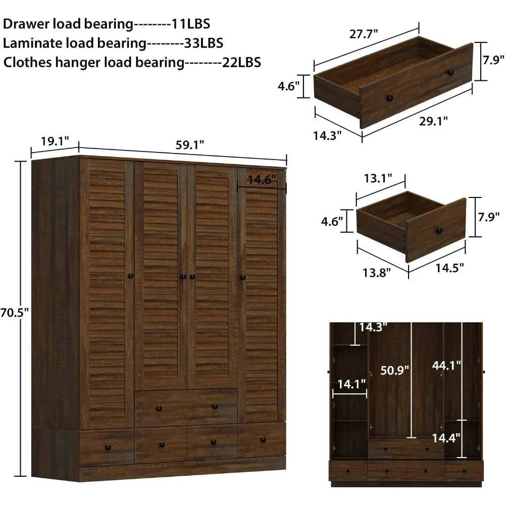 Wardrobe Armoire with 4 Louvered Doors, Wardrobe Closet for Bedroom with Hanging Rod & 5 Drawers, Bedroom Armoire Free shipping