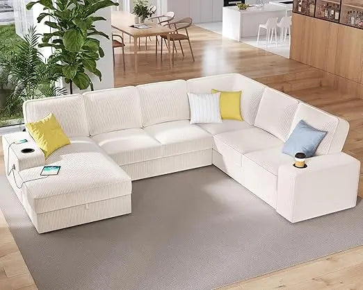 Sectional Sofa,  with Storage Chaise, U Shaped Sofa Couch with USB Ports, Corduroy Couch, Oversized Sofas