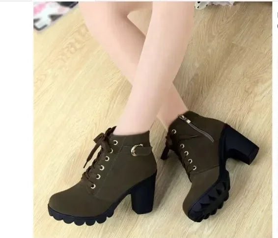 Winter  High Heeled Women Boots Cross Straps Short Boots Comfortable Waterproof Boots Warm Plus Size 42 Botas Femininas