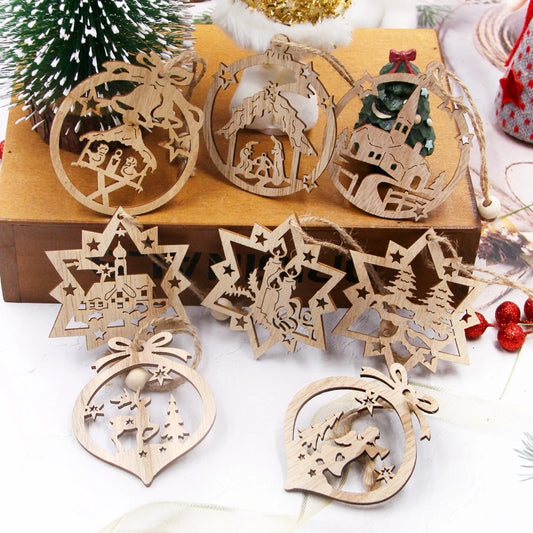 6PCS Christmas Wooden Pendants Hollow Ball Star Hanging Ornaments for Christmas Tree Decor Kids Gifts DIY Paingting Wood Crafts