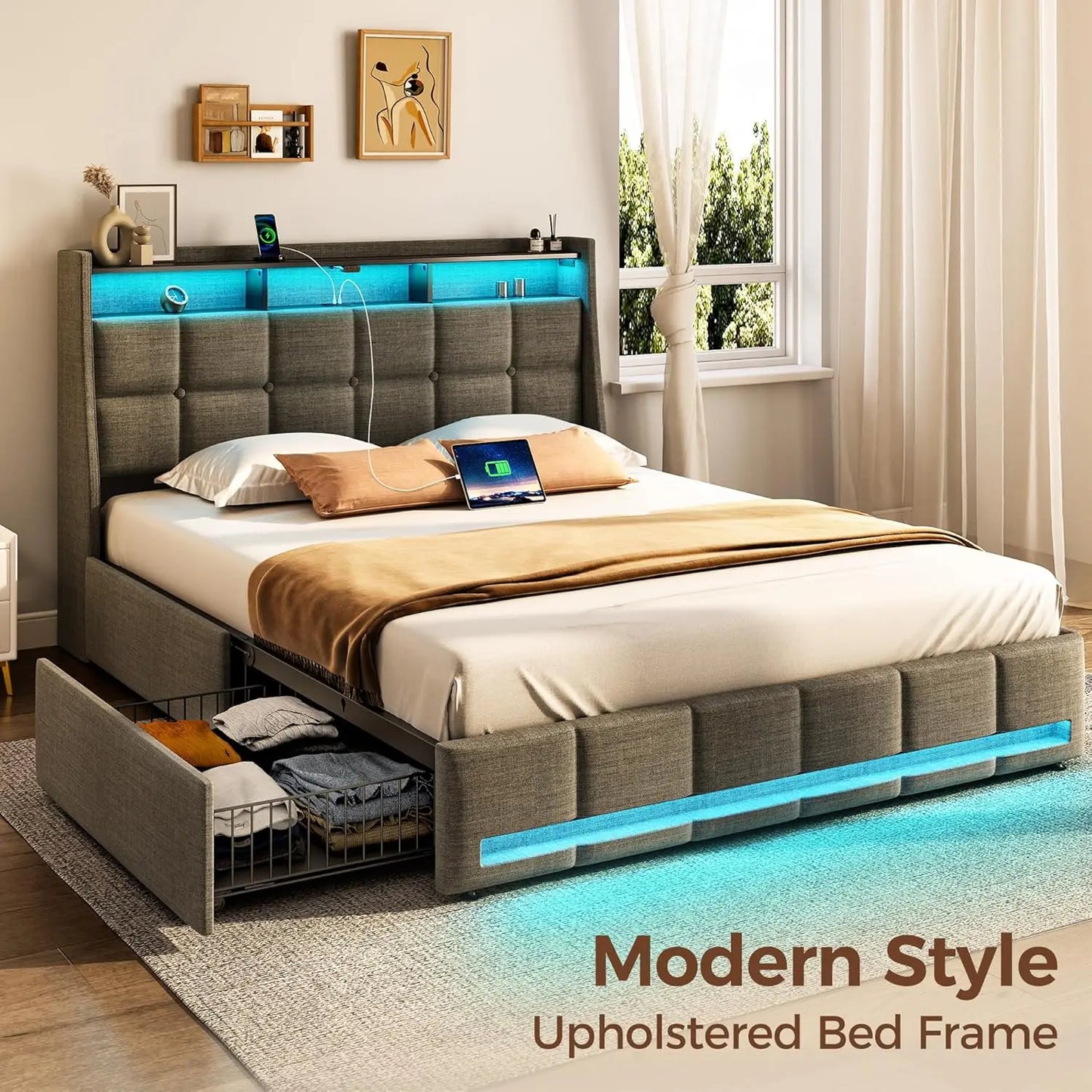 Full Size Bed Frame with LED Lights and Charging Station, Upholstered Bed Storage Headboard & Drawers, Heavy Duty Wood