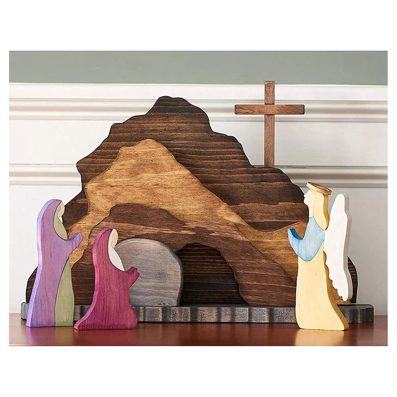 1 PCS Halloween Day Decorations Religious Resurrection Scene Wooden Nativity Set Wooden Manger Creche Nativity Scene Wooden