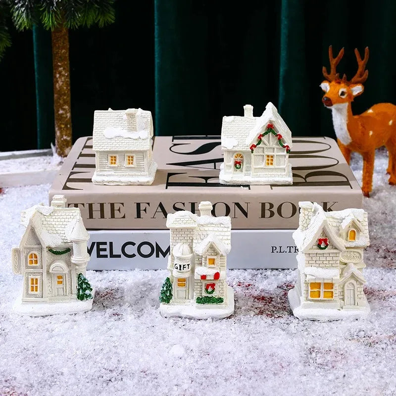 LED Lights Village Houses Christmas Decorations, Resin Miniature, Xmas Scene Ornaments, Festive Party, Desktop Decor, Gift