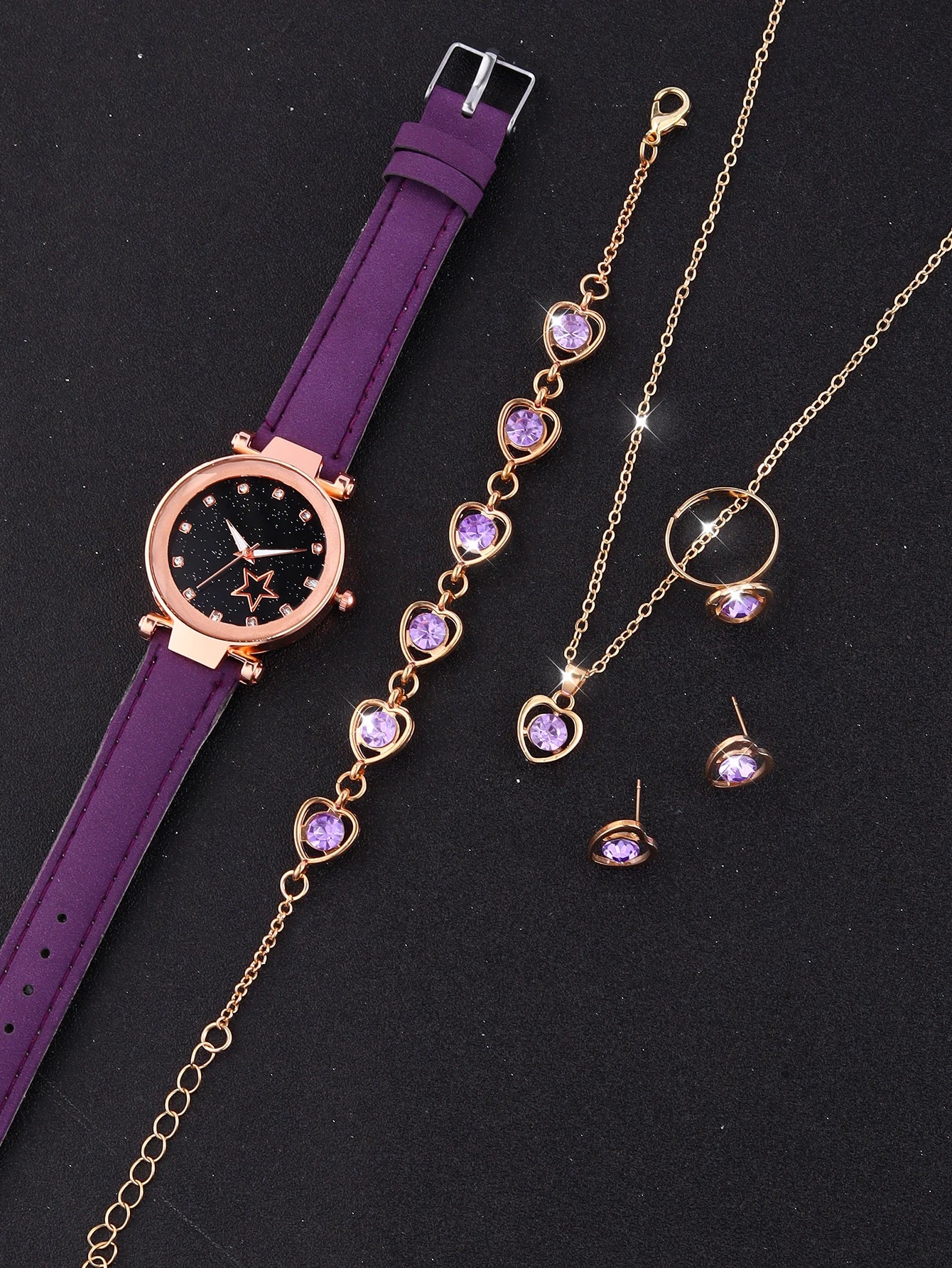 Purple fashion five-pointed star alloy leather women's quartz watch and purple hollow necklace set birthday gift wear pieces