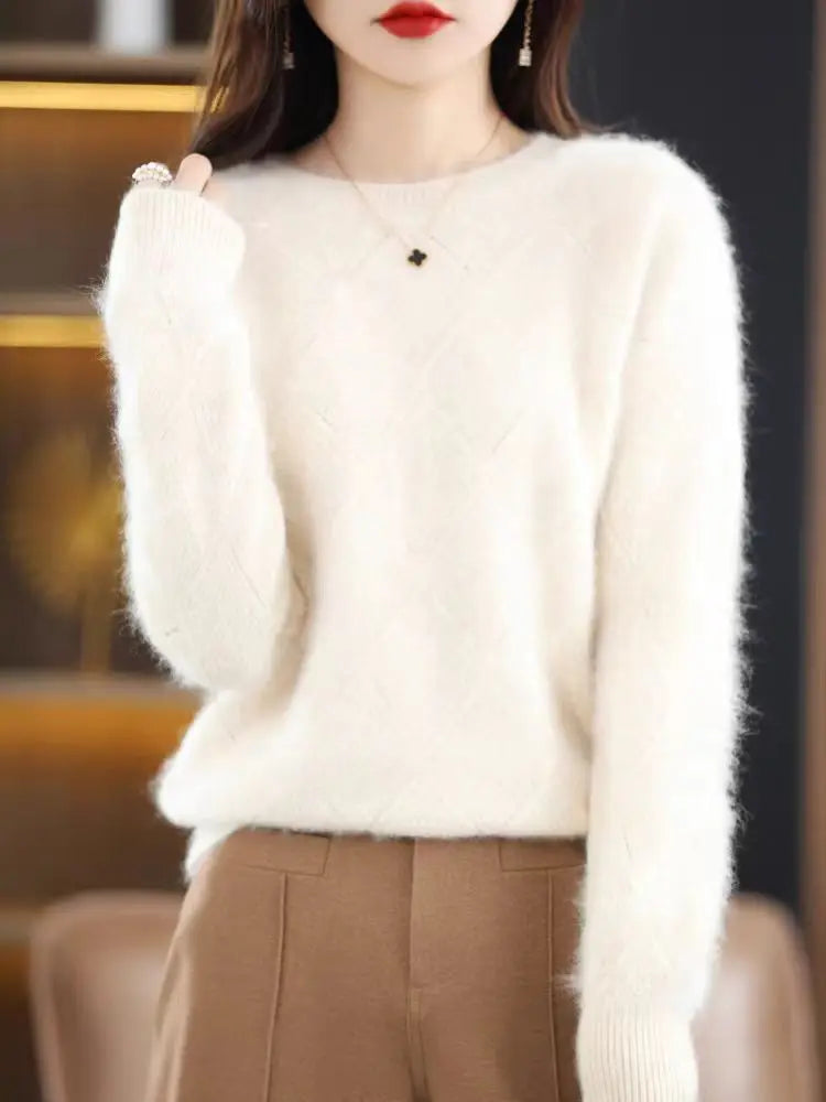 100% Mink cashmere sweater Women's knitting sweater O-neck long sleeve pullover Autumn and winter clothing warm top