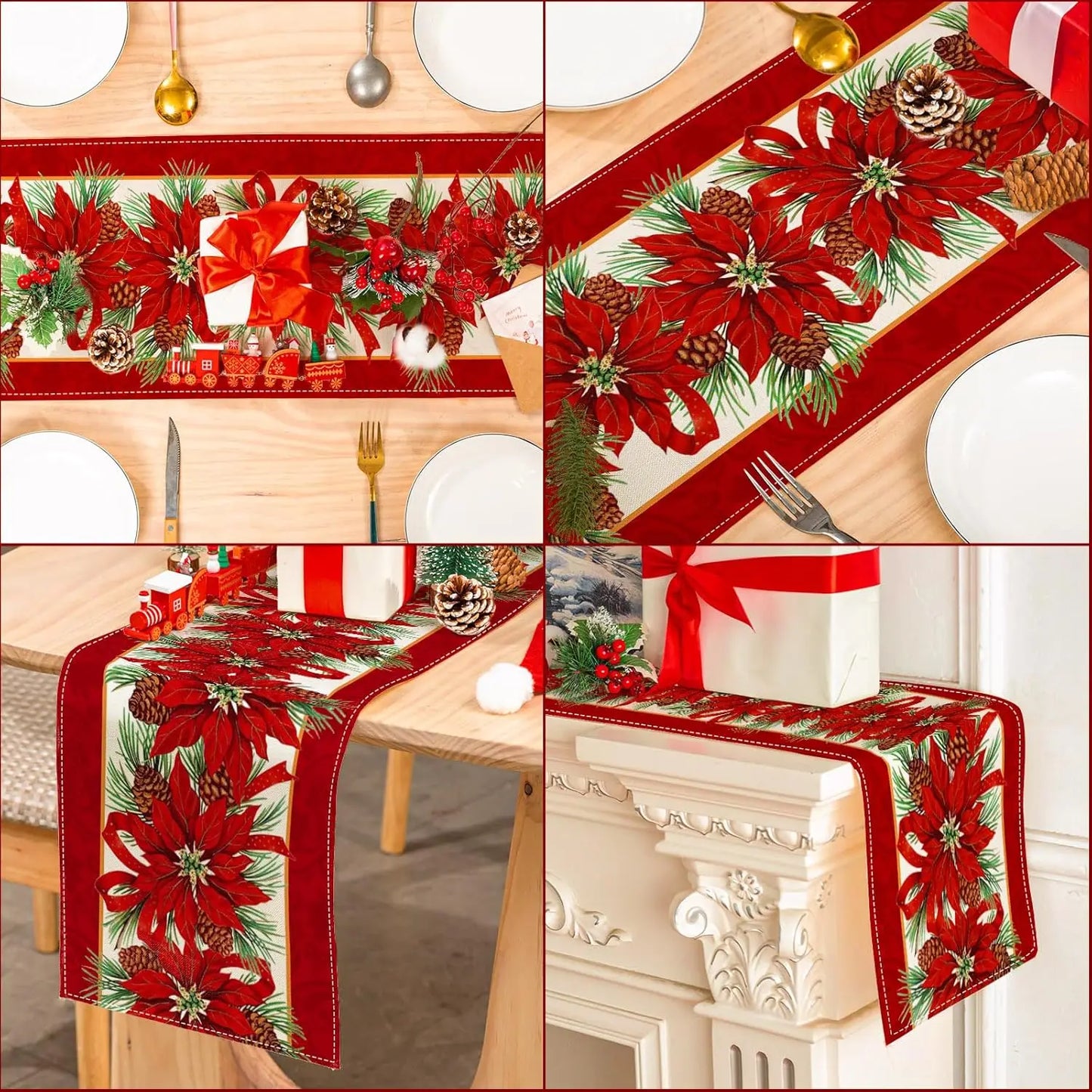 Christmas Poinsettia Red Linen Table Runner Seasonal Winter Xmas Party Decor Holiday Wedding Table Decor Navidad Decoration 2025