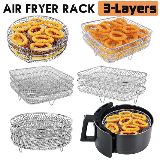 3-layers Air Fryer Rack Stainless Steel Stackable Grid Grilling Rack For Air Fryer Basket Tray Air Fryer Accessories