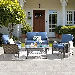 4 Pieces Patio Furniture Set, with Coffee Table, Chairs, All Weather High Back Rattan Loveseat Couch,Outdoor Wicker Sofa