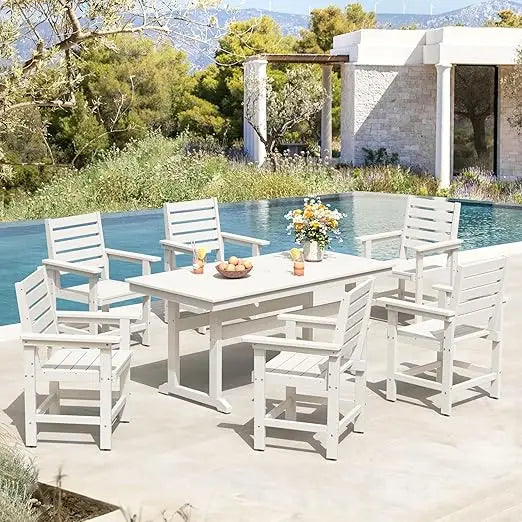 Patio Table and Chairs Set 7 Pieces, with Umbrell Hole, with 6 Patio Chairs, Weather Resistant Outdoor Dining Sets