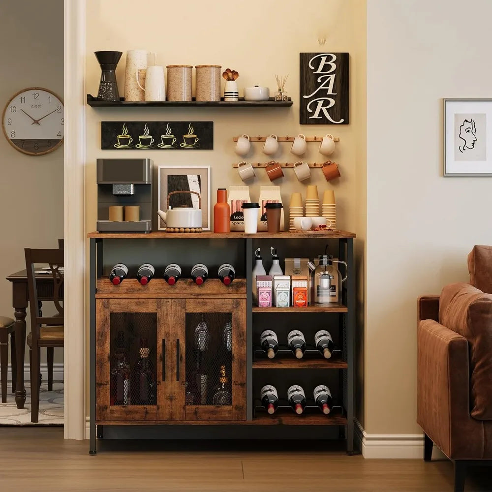 Wine Bar Rack Cabinet with Detachable Wine Rack, with Glass Holder, Small Sideboard and Buffet Cabinet with Mesh Door,