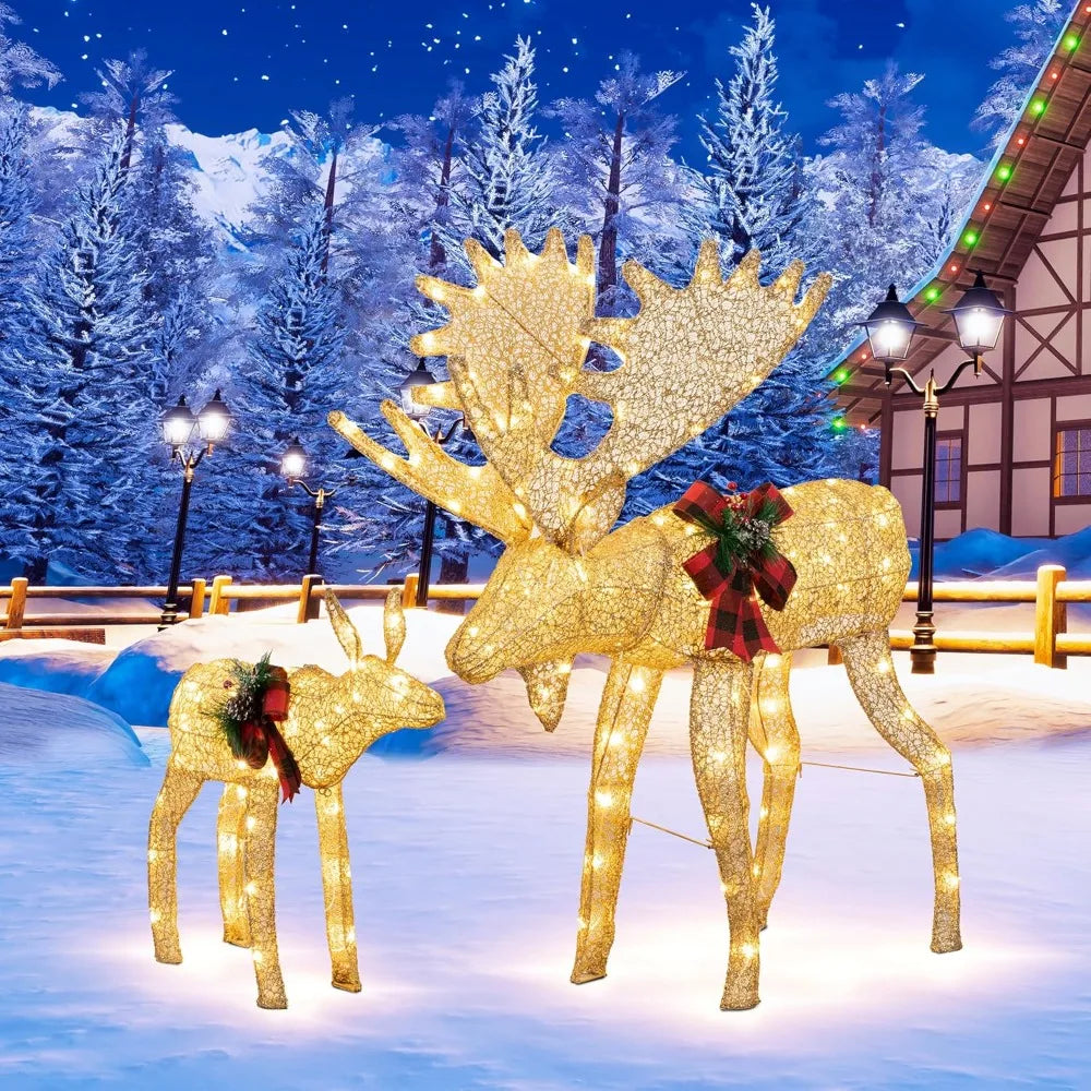 2-Piece 3D Lighted Christmas Reindeer Family, Pre-Lit Gold Christmas Decor Deer with 170 Warm White LED Lights