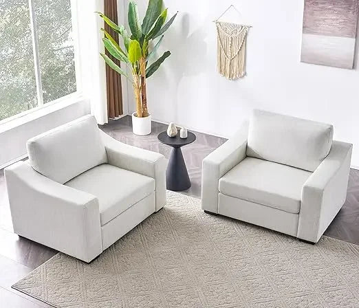 47" W Oversized Accent Chair Set of 2, Linen Fabric Modern Chair, Reading Chair for Bedroom Office, Ivory,Living Room Chairs