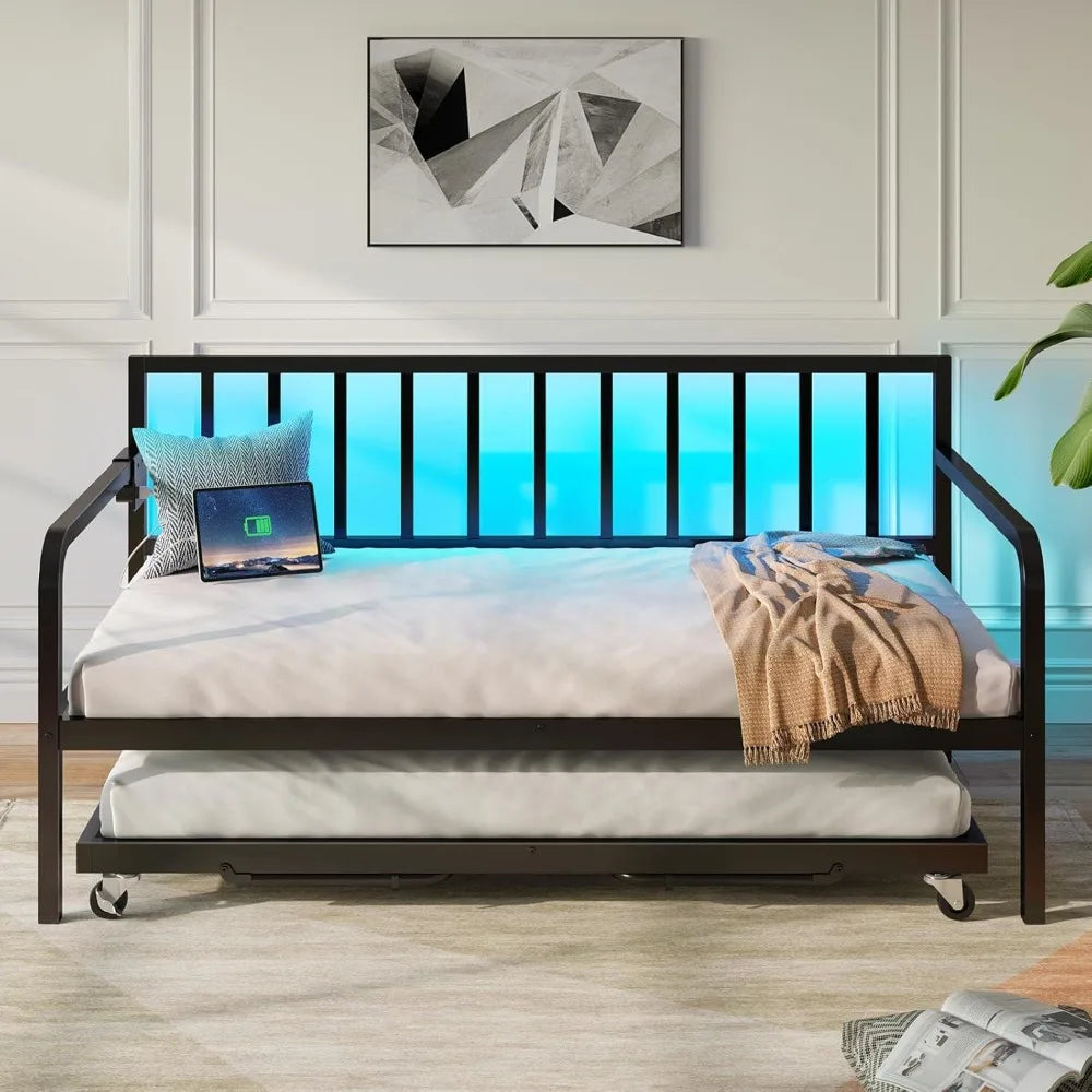 Daybed with Charging Station and LED Lights, Metal Sofa Bed Frame with Steel Slat Support for Living Room bedroom