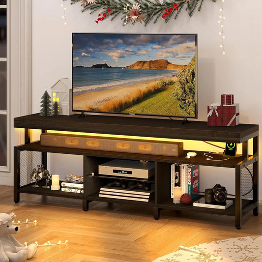 Television Stands w/Power Outlets for 70/65 inch, Modern Industrial TV Stand, Entertainment Center w/Open Storage TV Table