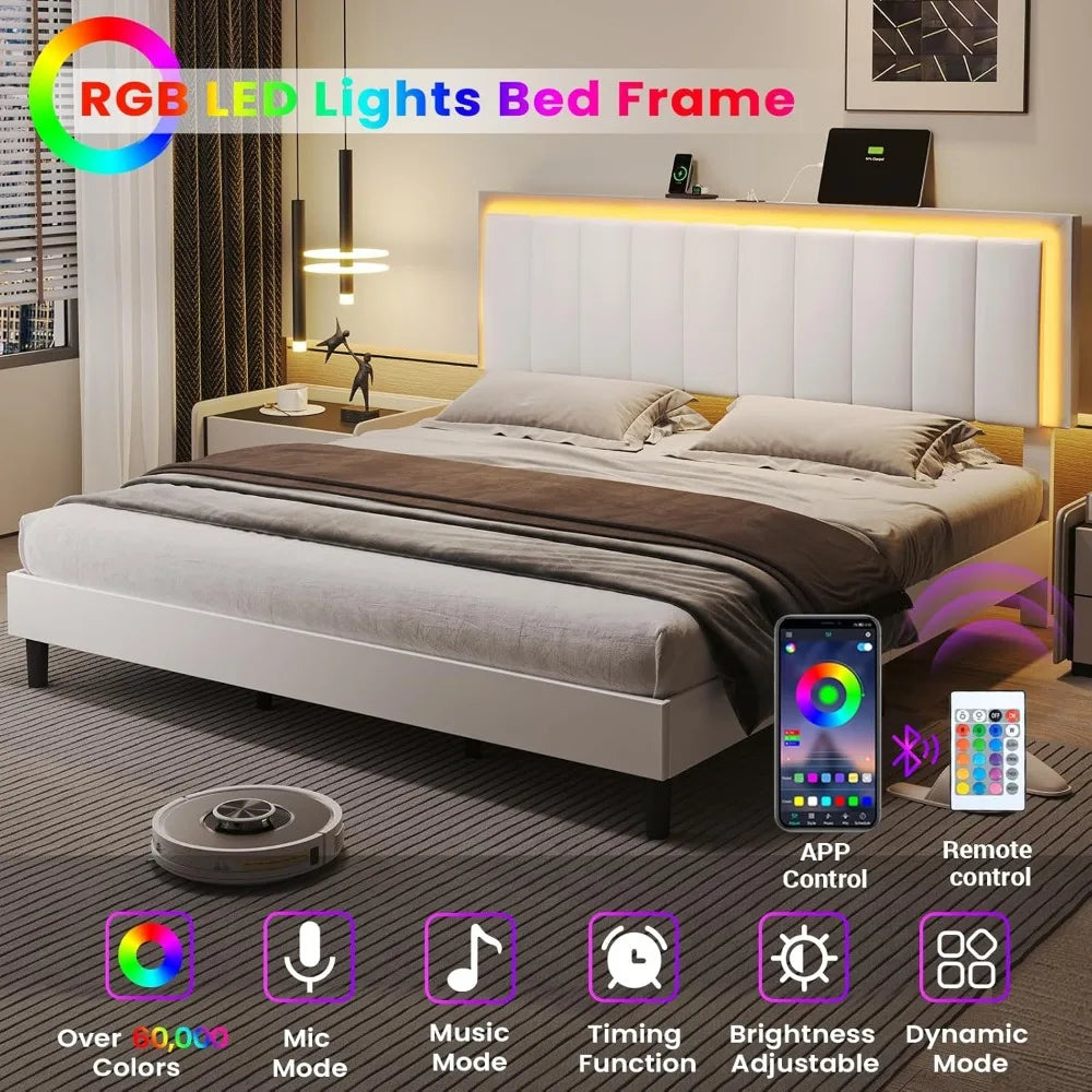 Bed Frame with Led Lights and Charging Station Platform Bed Frame with Adjustable Headboard Faux Leather Profile Platform Bed