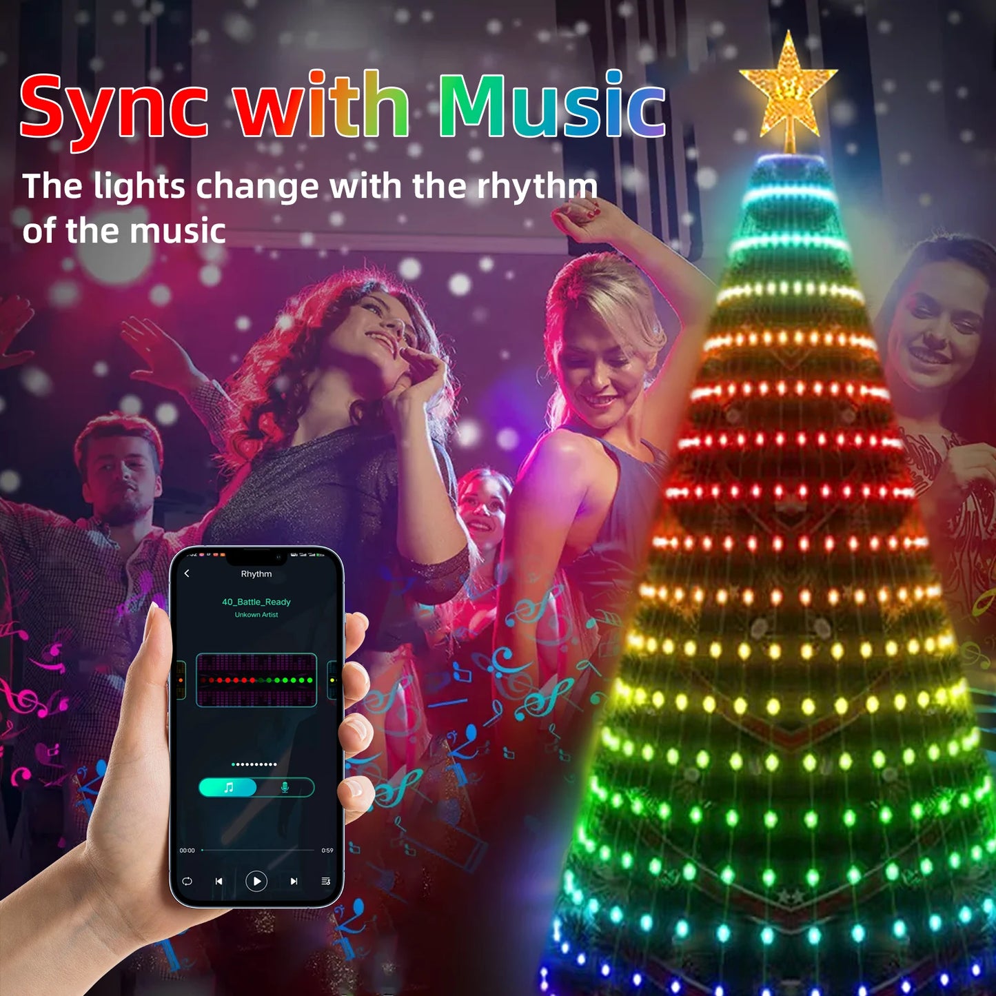 Smart RGB Christmas Tree Lights Fairy LED Star Strings Waterfall APP Bluetooth Music Rhythm Lights RGB LED Xmas Holiday Decor