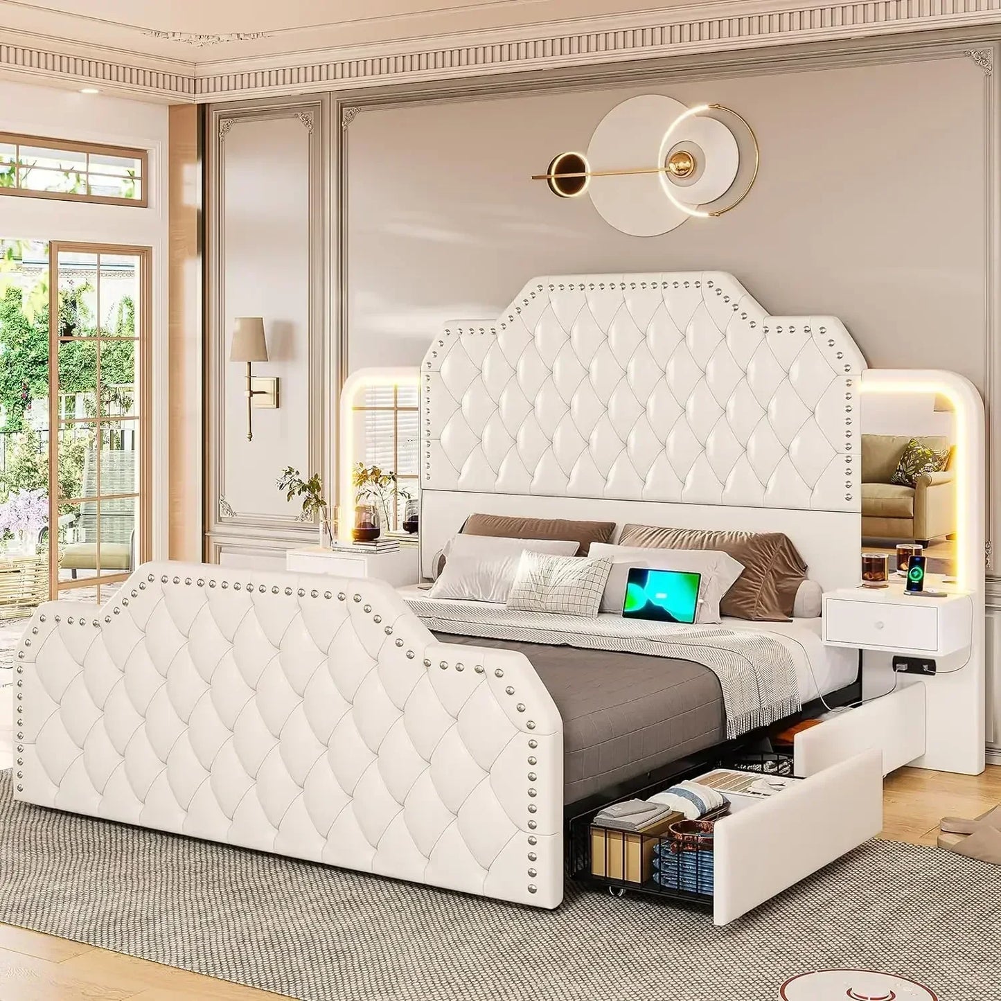 Queen Size 53” Tall Platform Bed Frame With 4 Storage Drawers Built in Charging Station & LED Bedroom Black Headboards Under Bed