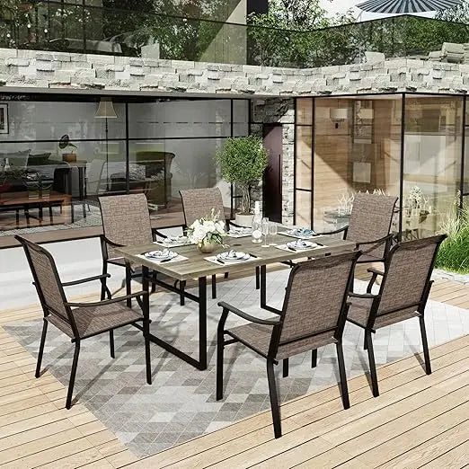 7 PCS Patio Dining Set,64" Extra Large Wood-Like Table with Double Umbrella Hole and 6 Person Dining Chairs,Outdoor Table Chairs