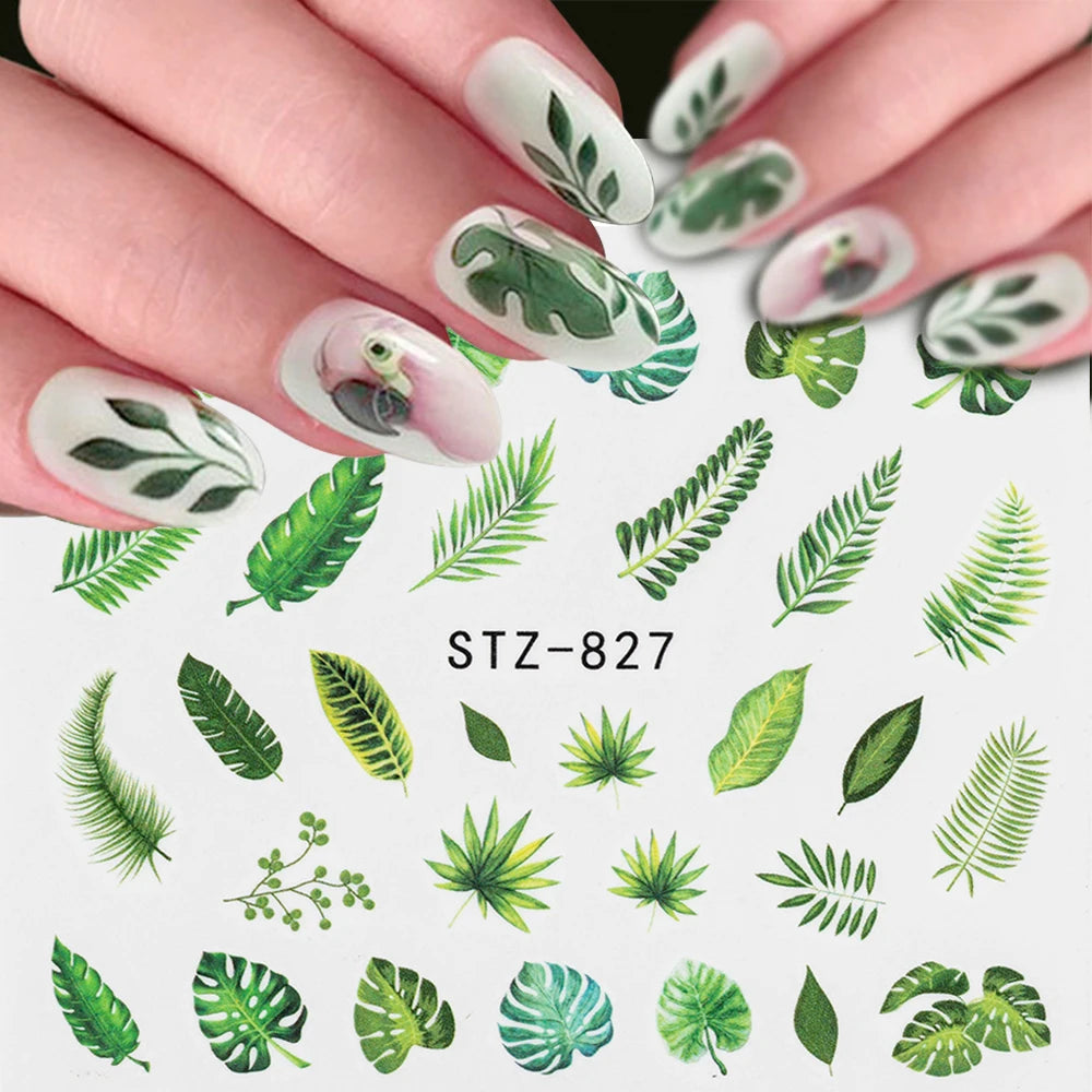 1Pcs Water Nail Decal and Sticker Flower Leaf Tree Green Simple Summer DIY Slider for Manicure Nail Art Watermark Manicure Decor