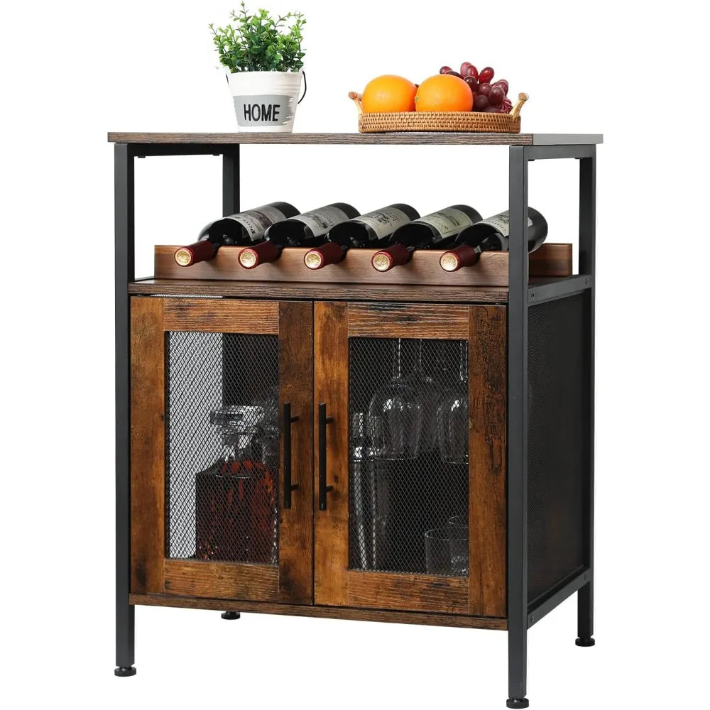 Wine Bar Rack Cabinet with Detachable Wine Rack,   with Glass Holder, Small Sideboard and Buffet Cabinet with Mesh Door,