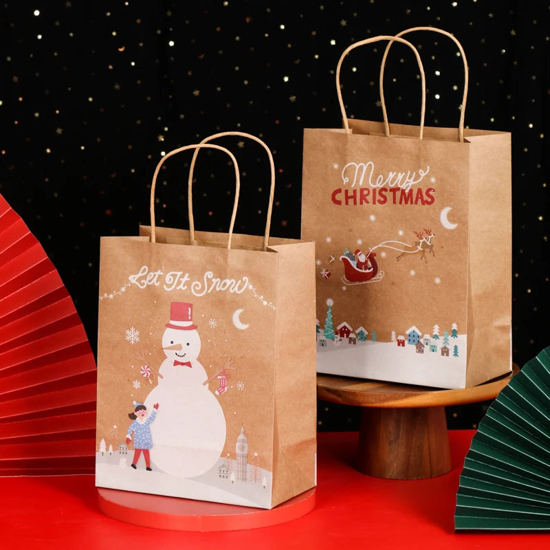 10pcs Christmas handbag New kraft paper bag Bread bag Kraft candy bag Holiday gift bag Christmas wrapping paper