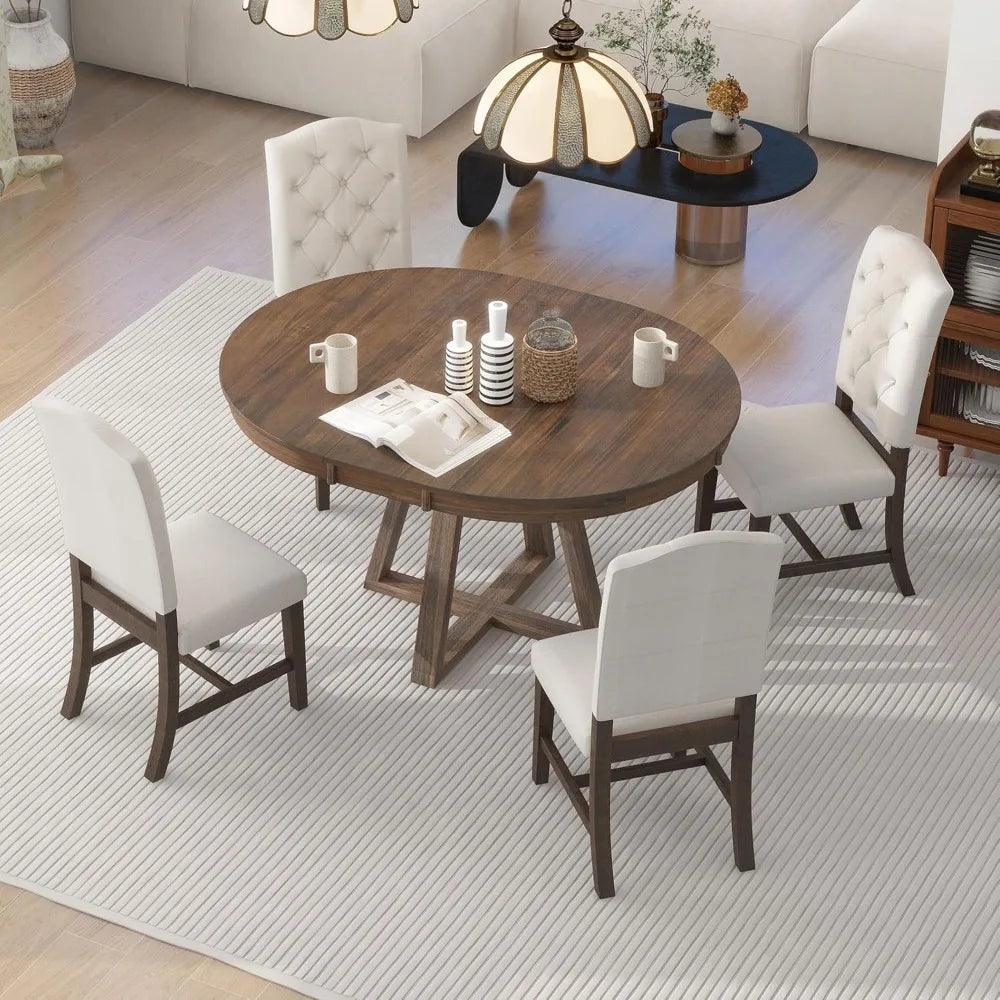 Wood Dining Furniture Set, 5 Piece Round Extendable Dinings Room Table Set with Upholstered Chairs, Dining Table and Chairs