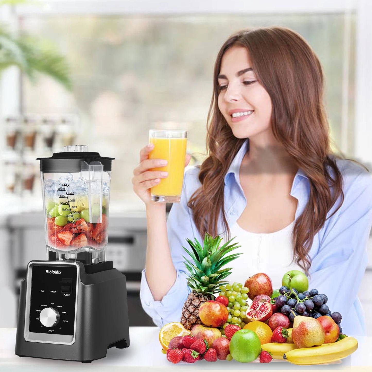 BioloMix Digital BPA FREE 2L Automatic Professional Blender, Juicer Food Processor Ice Smoothies Fruit, FREE GIFT 600ml dry jar