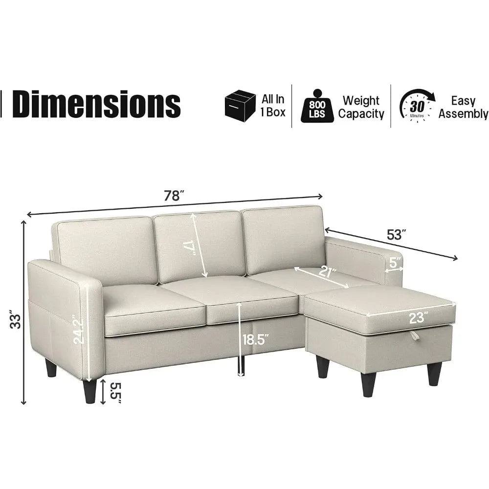 Convertible Sectional Sofa Couch,3-Seat L-Shaped Sofa with Reversible Storage Ottoman and Pockets, Sofa Furniture Sets