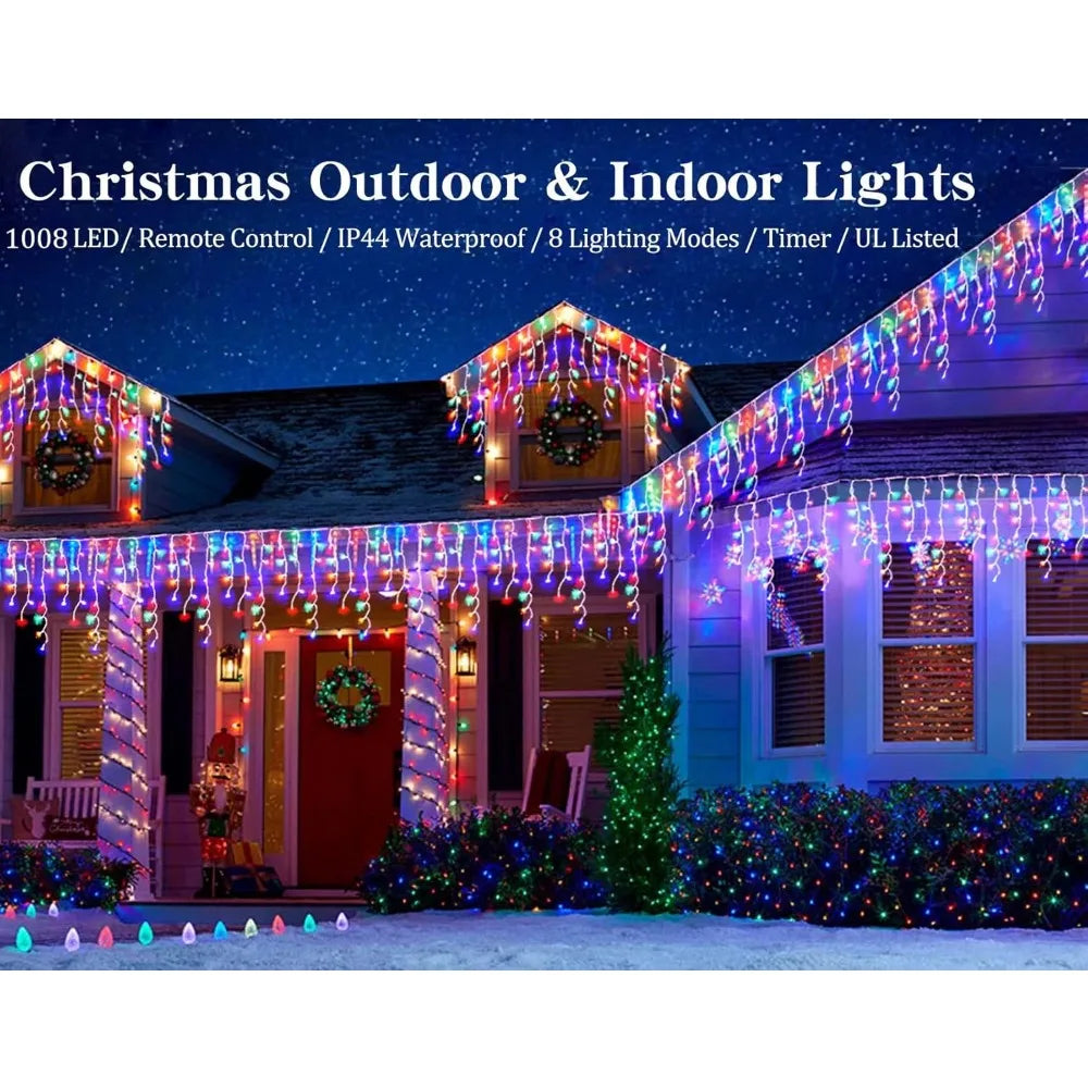 Christmas Icicle Lights Outdoor, 1008 LED 8 Modes with Remote Control, Curtain Fairy String Lights for Christmas Decorations