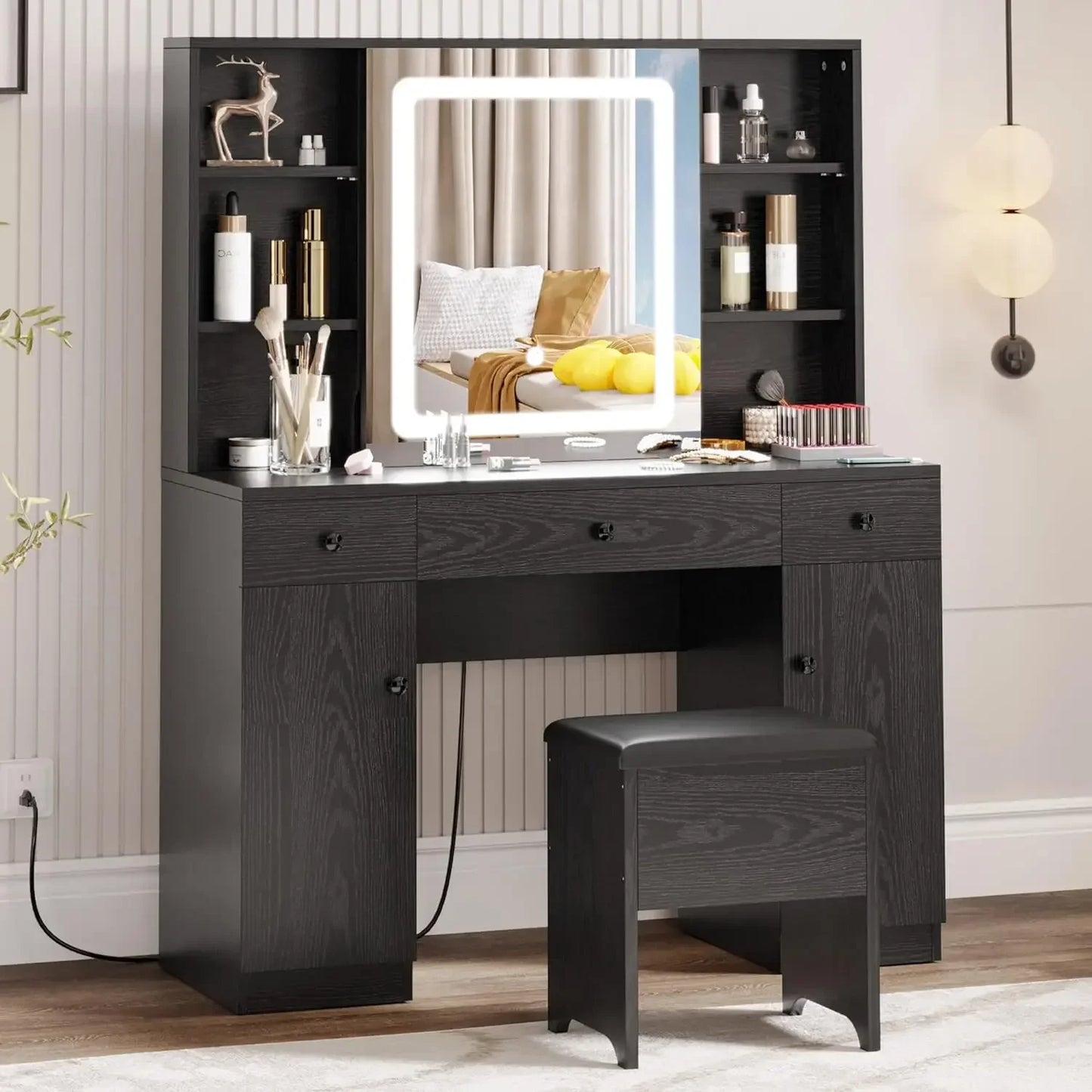 Vanity Desk Set with Large LED Lighted Mirror & Power Outlet, 7 Drawers with Storage Bench, Industrial Style Dressing