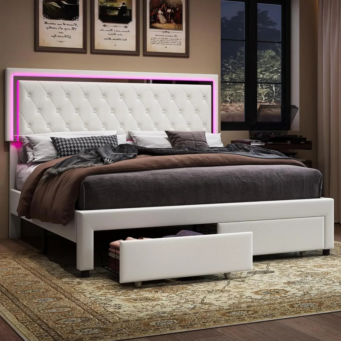 Queen Size Bed Frame with LED Lights&Storage Drawers,No Box Spring Needed,Velvet Upholstered Platform Bed Suitable for bedrooms