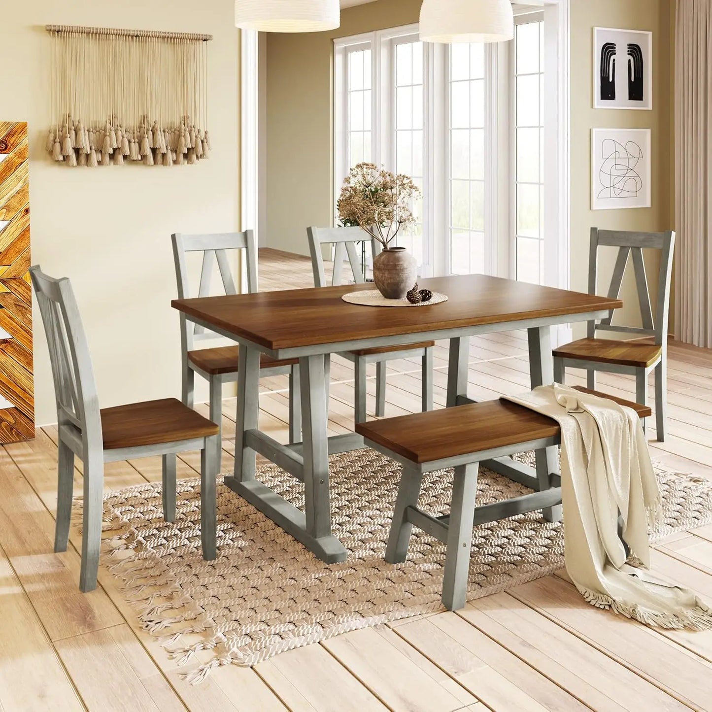 7-Piece Dining Table Set, 76.9inch Extendable Trestle Dining Table with Upholstered Side Chair and Arm Chair, Dining Table Set