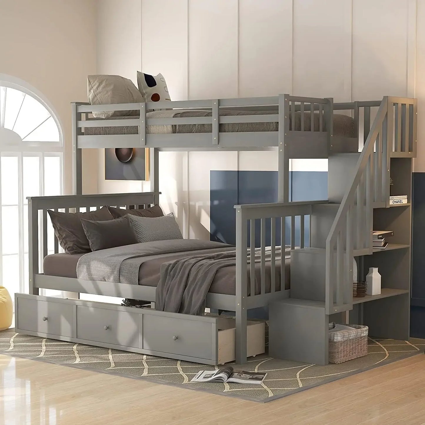 Twin Over Full Bunk Beds with Stairway and 3 Storage Drawers,Solid Wooden with Storage Stairway and Guard Rail for Bedroom, Dorm