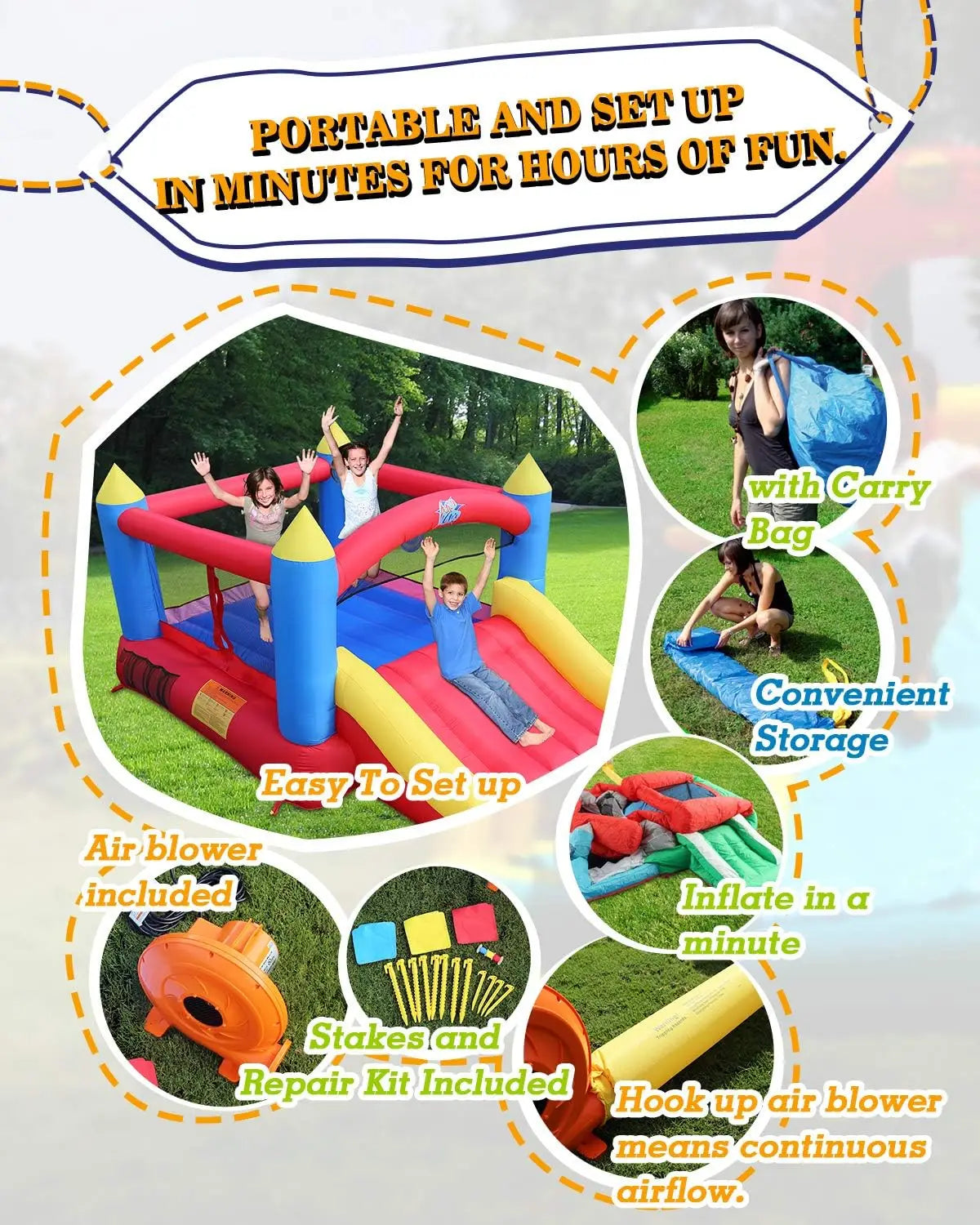 Bounce House, Inflatable Bouncer with Air Blower, Jumping Castle with Slide, Family Backyard Bouncy Castle, Durable Sewn